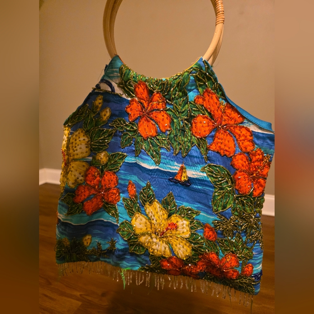 Floral Embroidered Purse with Wooden Rings